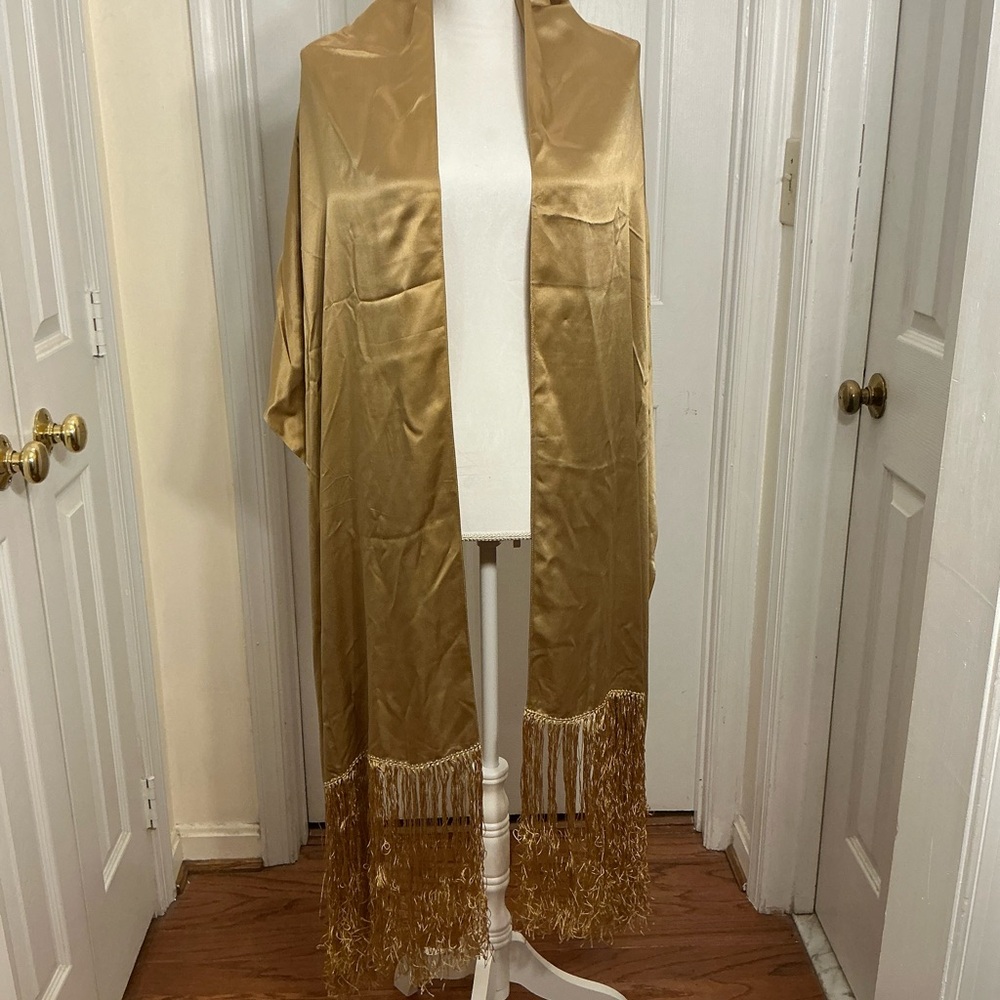 Gold Satin Fringe Shawl Wrap Evening Formal Vintage Style Long Scarf